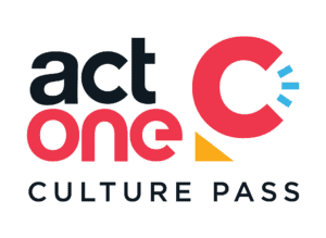Logo for Act One Culture Pass featuring bold text in black and red with geometric shapes, including a large red "C" and a small yellow triangle.