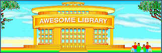 Illustration of a round yellow building labeled "Awesome Library" with trees and four people standing outside under a blue sky.