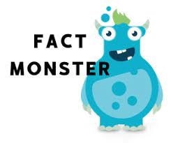 A blue cartoon monster with one tooth and green hair stands next to the words "Fact Monster" in bold black text.