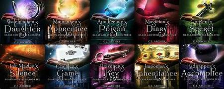 Ten book covers from the "Glass and Steele" series by C.J. Archer, each featuring unique objects and titles including "The Watchmaker's Daughter" and "The Apothecary's Poison.