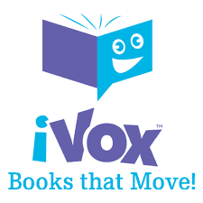 Logo for iVox featuring a blue, animated book with a smiling face above the text "iVox" and the tagline "Books that Move!" in blue letters.