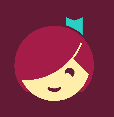 Libby Mascot: A simple cartoon illustration of a girl's face with maroon hair, a teal bow, and a winking expression on a maroon background.