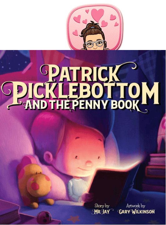 The cover of "Patrick Picklebottom and the Penny Book" shows a child reading in bed with a stuffed toy, under warm light.
