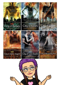 Covers of the six books in "The Mortal Instruments" series by Cassandra Clare, with a cartoon character of Navajo County Libraries's Alicia Kumar showcasing them at the bottom.